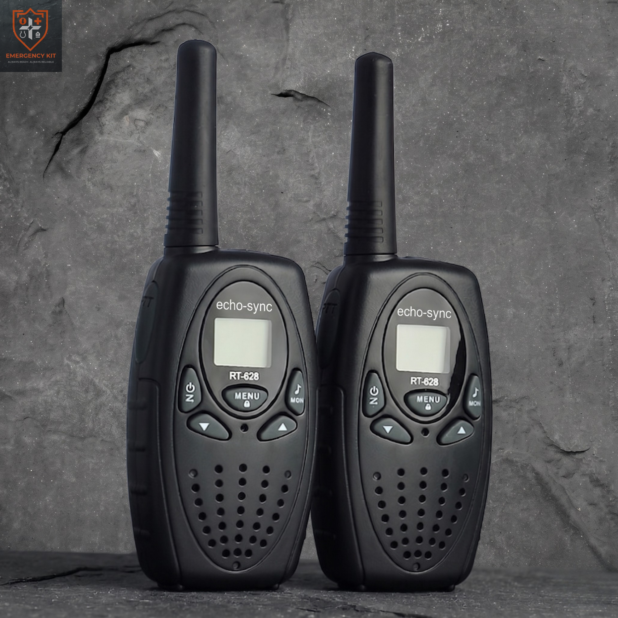 Two black walkie-talkies with 'echo-sync' branding on a gray stone background.