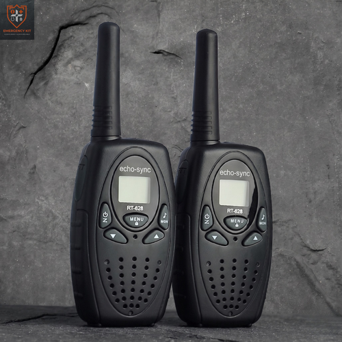 Two black walkie-talkies with 'echo-sync' branding on a gray stone background.